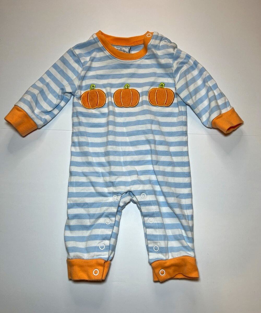 Three Sisters Baby 3M Striped Pumpkin Embroidered One-Piece Romper Snap
